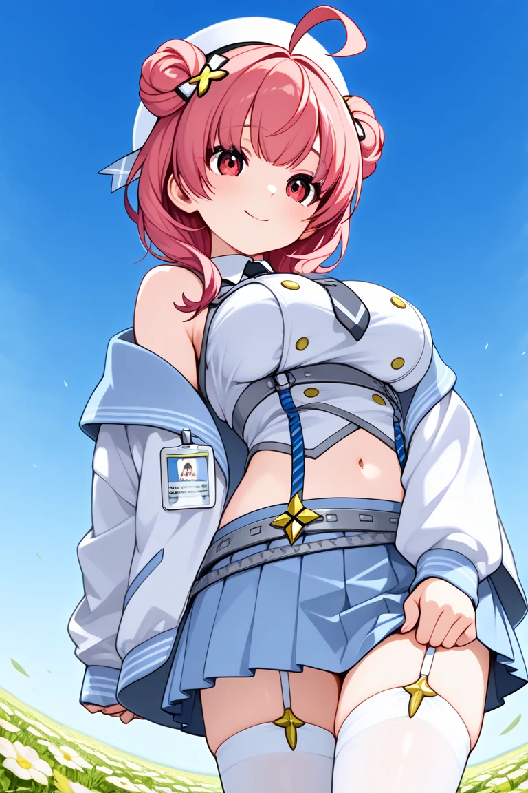 Special_week_(Uma Musume), fudangi, Hair clip, blue jacket, open jacket,Transparent dress, White dress, vitriniar, big breasts, High resolution, Upper part of the body, smile, white backpack, Alone, beast quality