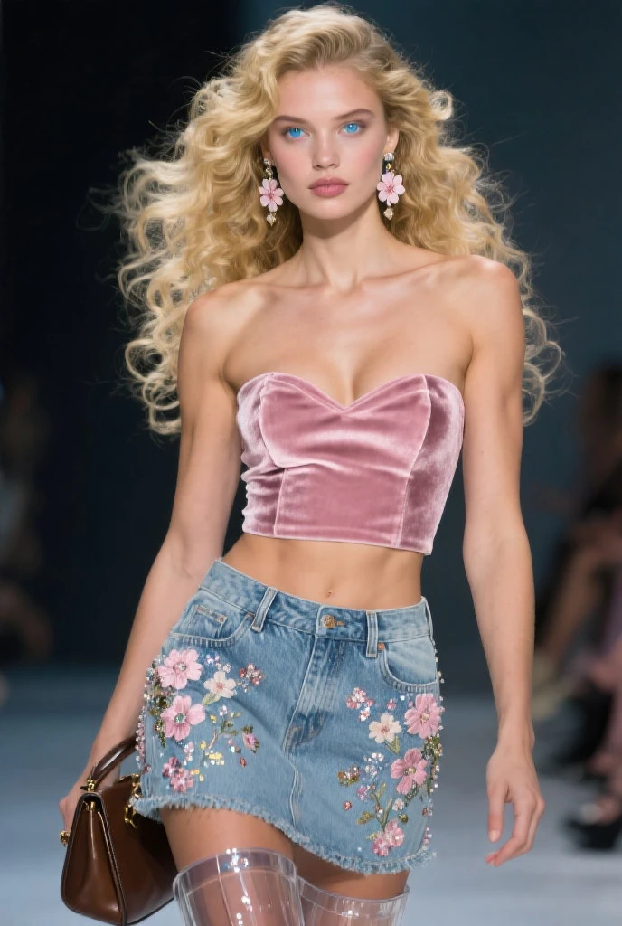 y2k fashion, vibrant y2k scene, y2k style, nostalgic ambiance, energetic y2k floor:0.2  image of a y2k girl, immersed in the vibrant atmosphere of a retro case. His attire reflects the fashion trends of the era, soft patterns. The retro scene is alive, a retro floor, and retro around to the rhythm of the bate. The ambiance transports viewers back to the vibrant and energetic, capturing the spirit of fun, freedom, and self-expression that defined the y2k culture, blonde curly hair, midshot, centered image, ultra detail, extremely face detail, extremely eye detail, a girl pale skin, small breasts, white skirt, white pants, white jeans, pink skirt, pink pants, pink jeans, white crop top, pink crop top, cute headband, half body, half body, half body, close up