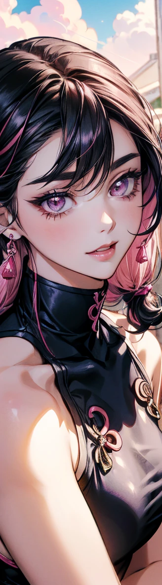(highest quality:1.4), Very detailed, Vibrant, Best aesthetics, Accurate, (masterpiece:1.4),
BREAK
(profile, full body:1.2), 1 beautiful girl, 18yo, small face, beautiful detailed face, narrow waist, The beauty and danger of growing from a girl to an adult, A symbol of miraculous beauty, Graceful posture, sensual, bewitching woman, (cleavage), (dark red hair, half-up braided hair AND A long single braid of hair flowing from the shoulder to the front:1.5), Swept bangs,
BREAK
(latex black leotard, Sleeveless:1.4), (aqua blue teardrop-shaped earrings),
BREAK
(A fantasy world cityscape:1.4), A city resembling Venice with canals, Leaning against the railing of a bridge over a large river, Bright lighting, Beautiful world, New World, Blown by the gentle wind, Soft sunlight that induces afternoon drowsiness, looking side glance, left hand on own chest, five fingers, (vivid pink empty eyes:1.4), Slit Pupils, beautiful detailed eyes, long delicate eyelashes, Meticulous Eyelash Details,
BREAK
(A pink heart-shaped pendant:1.5), (hot gaze, heart-shaped lips, beautiful detailed lips, Glossy, Open Mouth, Leaking sigh), seductive smile