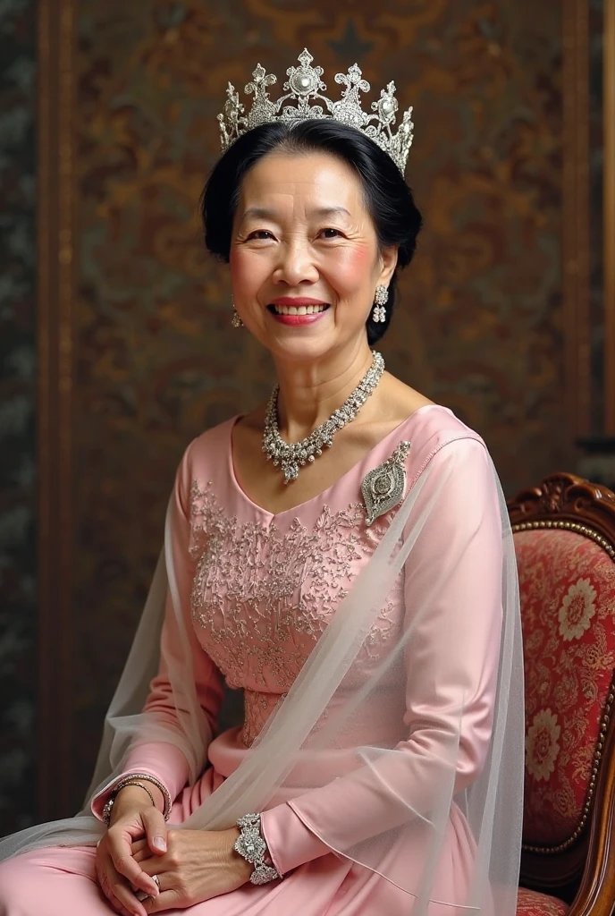 Create an image of a queen dressed in traditional Indonesian attire, seated gracefully in an ornately carved wooden room with soft natural light streaming in through the windows. The queen should have the face of a mature, 50-year-old Indonesian woman, with a warm and kind expression, similar to the second reference image provided. Her face should reflect the elegance and wisdom of her age, with features such as a fuller face and softer lines. Keep the rest of the setting, her clothing, and her posture as close as possible to the original image. The overall atmosphere should remain regal and serene, with intricate details on her dress and the room's decor. The image should be photorealistic, capturing the textures of the fabric, the smoothness of her skin, and the woodwork's richness, in 8K resolution."