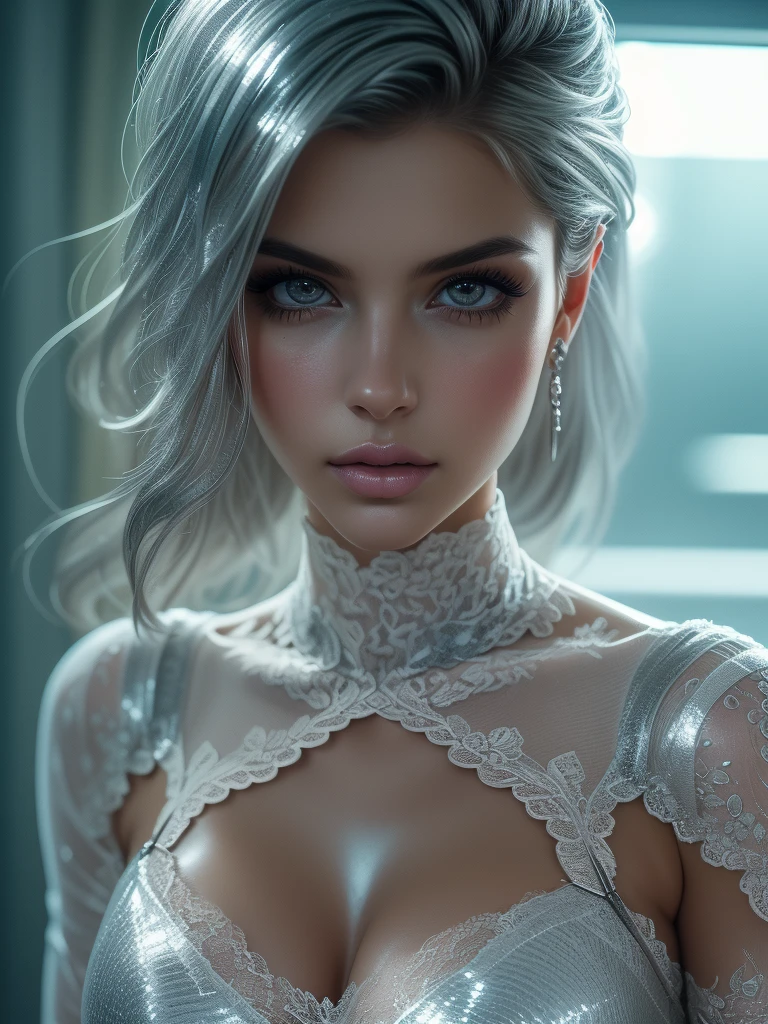 8k, (full body shot:1.4), 20-year-old swedish girl, raw, Beautiful woman, (straight gray hair), (intricate sheer transparent translucent clothes, barely clothed, intricate, beautifull face, elegant dress, highly detailed, shyness), intricate, beautifull face, elegant, highly detailed, digital hyperrealistic photography, hyperrealistic photography filigree, shyness, most beautyfull face, (masterpiece, sidelighting, (finely detailed beautifull blue eyes: 1.2)),