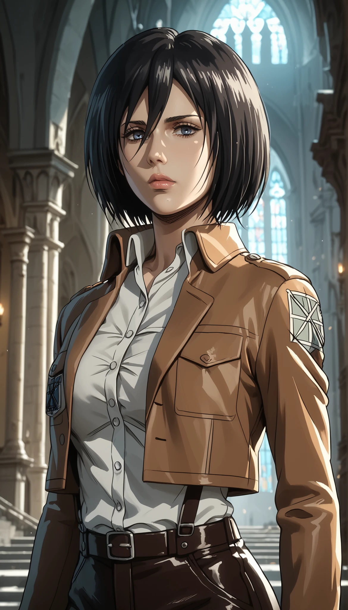 seductive, sexy, mind blowing, hmmikasa, short hair, Mikasa Ackerman, masterpiece, ultra-detailed, 8K, photorealistic, professional, physically-based rendering, sharp focus, vivid colors, dark fantasy, dramatic lighting, moody atmosphere, intricate details, beautiful woman, piercing gaze, intense expression, confident posture, leather outfit, flowing dark hair, military inspired attire, epic fantasy scenery, ominous clouds, dramatic skies, ruined castle, moody lighting, cinematic composition