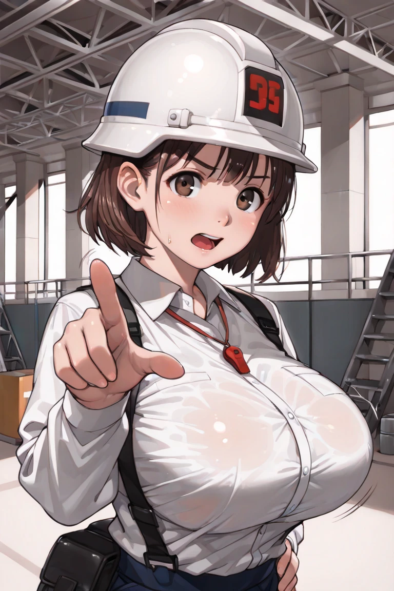 1girl, solo, breasts, blush, smile, short hair, open mouth, large breasts, shirt, upper body, comic, grey, looking down, flying sweatdrops, spiked hair, clothes writing, genderswap (mtf), grabbing own breast