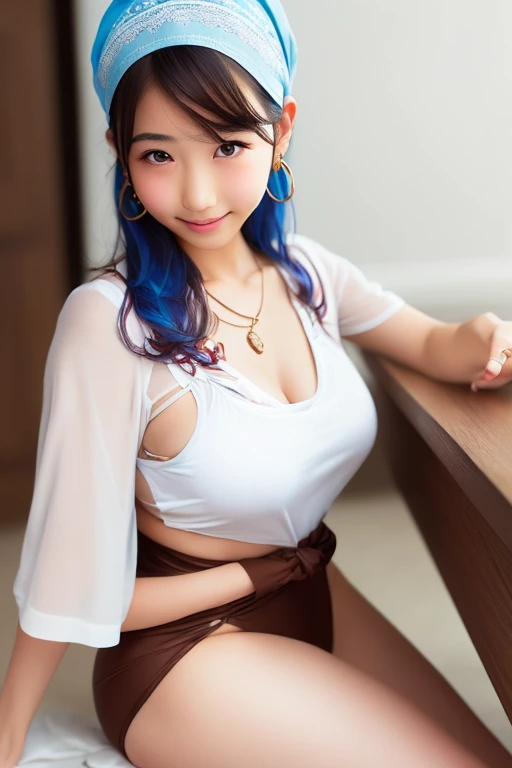 masterpiece, best quality, ultra hd, realistic, 8K, cinematic lighting, bright lighting, higher, (((((Morocco)),Moroccan girl,(cute)), round face, raccoon face, black skin, (wet skin:1.2), beautiful skin, (light blue hair), medium hair, straight, (side ponytail: 1.5), (bi-tone hair color), brunette, (smile), gal makeup, ear piercing, navel piercing, (sailor suit), (knee-length socks), (absolute area), 1 girl, looking at the camera , focus on face, (selfie: 1.5), add_detail: 1