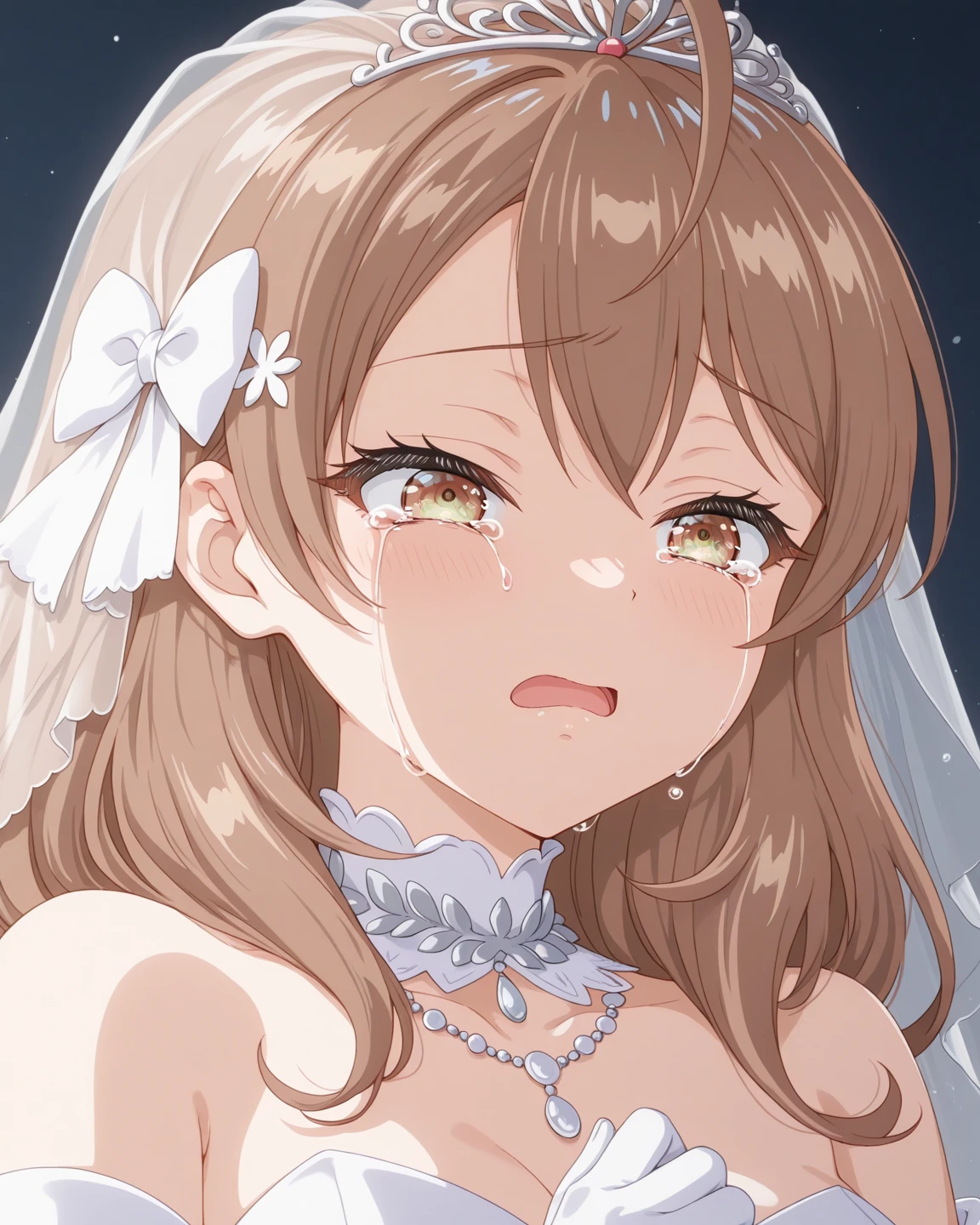 ultra-detailed、(8k, RAW photo, best quality, masterpiece:1.2), (extremely detailed 8k wallpaper),professional lighting,sharp focus, depth of field、nfws,((((head shot)))),((((美しいflower嫁)))),(((Pink fluffy short bob、rainbow colored curl hair、Curly hair)))、(((full white wedding dress))),(((lace veil、lace shawl、tiara、necklace))),(((Complete Five Fingers))),(((Ring on the ring finger of the left hand))),(((((A lot of milk on her face and chest))))),((((blowjob)))),((((Sweat、wet body)))),((((blush,very embarrassed)))),((((steam around the face)))),flower、(clavicle)、((luxury bed)),(((night))),(Correct number of upper limbs、Correct number of fingers)