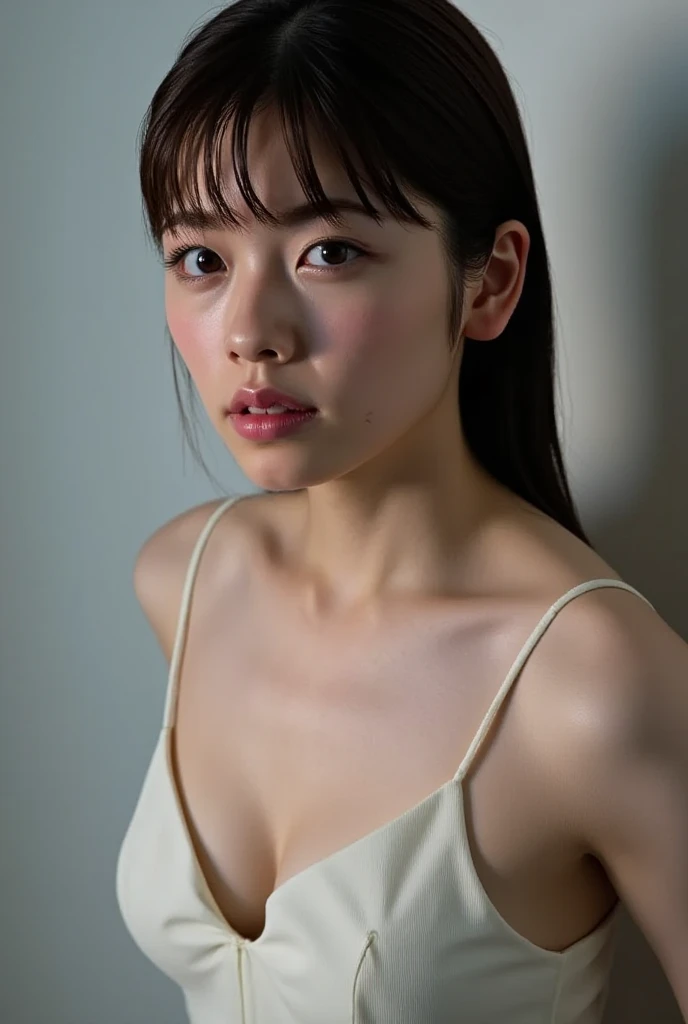 1girl, woman, masterpiece, best quality, highest quality, cinematic lighting, (volumetric lighting), extremely detailed CG unity 8k wallpaper, focused, 8k wallpaper, extremely detailed, ultra realistic, photorealistic, sharp focus, absurdres, (HDR:1.2), (high contrast), photograph, detailed and intricate, instagram, portrait, highly detailed, digital painting, artstation, concept art, smooth, sharp focus, illustration, cinematic lighting, ((eyes looking at the viewer)), ((medium shoulder)), (slender body), ((height 165cm)), (HQ skin:1.4, Realistic human body structure), (Half body shot), (wearing knit strap tank top, micro pants), ((leaning on a wall)), ((Long hair)).