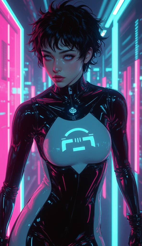 ((Best quality)), ((masterpiece)), (detailed: 1.4), (Nonsense), Tank pilot woman ready for war, shiny skin, perfect body, defined muscles, half thick bare thighs, closed mouth, only in panties, include stars in clothing, muscular body covered by technological clothing, Neon Genesis Evangelion style and Honor Impact, cyberpunk, generous neckline, ((perfect large breasts)), (green eyes without pupils), ((clothing in the colors of the flag of Ukraine)), (((black Mohawk hair)))), (thin stripes covering the breasts), (Psychedelic tattoo on the arms), ((circuit drawings)), short underwear, garter belt, by mucha, niji --V5, close to real, psychopath, crazy face, sexy pose, background with a giant Gundam style robot head, 2 piece clothing, fractal shoulder pads, pastel, centralized, scale to fit dimensions, HDR (High Dynamic Range),Ray Tracing,NVIDIA RTX,Super-Resolution,Unreal 5,Subsurface dispersion, PBR texture, Post-processing, Anisotropic filtering, Depth of field, Maximum clarity and sharpness, Multilayer textures, Albedo and specular maps, Surface shading, Accurate simulation of light-material interaction, Perfect proportions, Octane Render, Two-tone lighting, Wide aperture, Low ISO, White Balance, Rule of Thirds, 8K RAW, crysisnanosuit