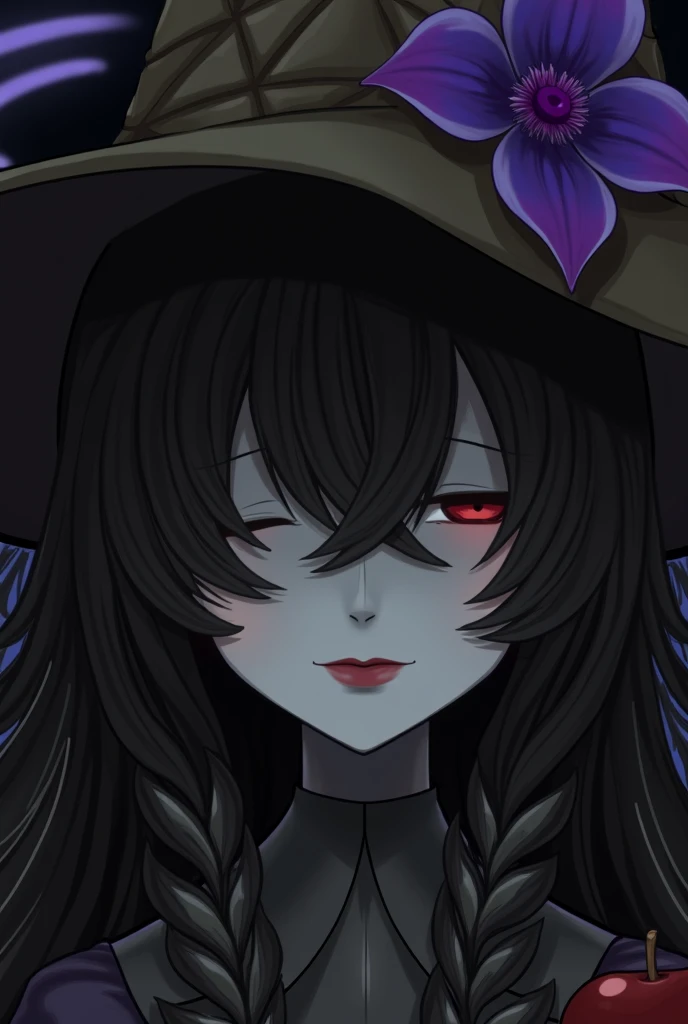 Highest quality, (Background details), High Contrast, Very beautiful woman, Detailed original illustrations、Functional、witch、Pointed hat、Black Robe、Delicate face、Fascinating、Villainess、sexy、Real breasts、Crazy Smile, Crazy Eyes, Head close-up, Black background, (Black background: 1.5), Beautiful line art、Monochrome
