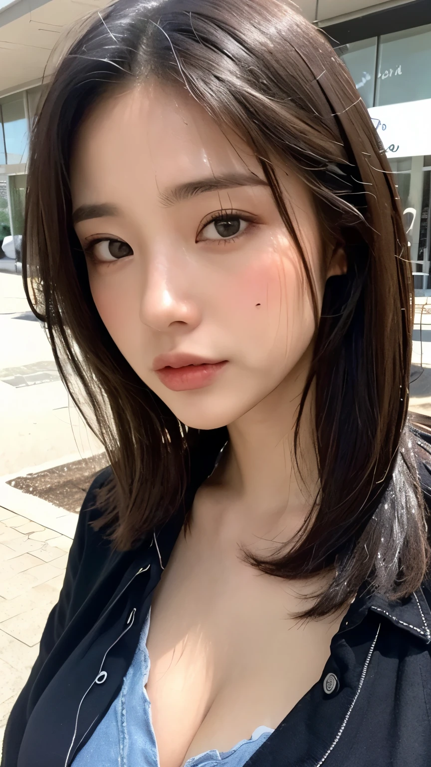 randome pose、top-quality、超A high resolution、(Photorealsitic:1.5)、1 girl、Dark blue sweater、(Brown hair:1.2)、(huge-breasted:1.2)、Morning in the city、looking at viewert、a closeup、full body Esbian、Nasty eyes