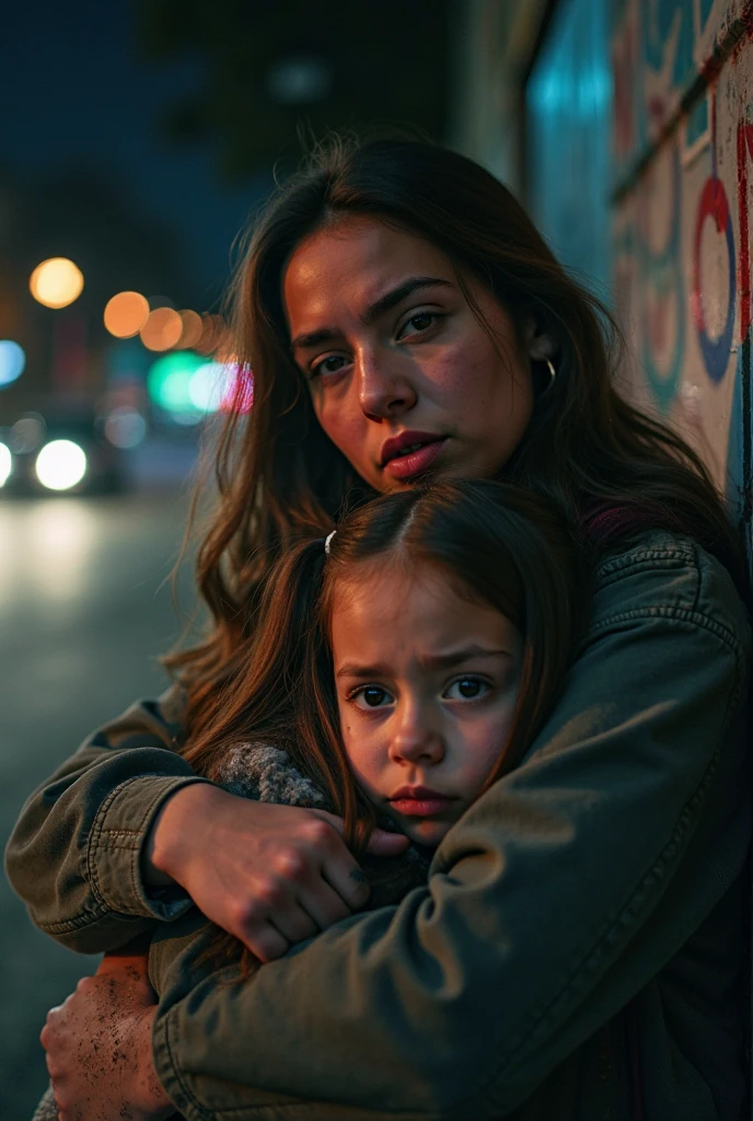 Woman curly hair tied leather jacket handbag with her daughter, they cry