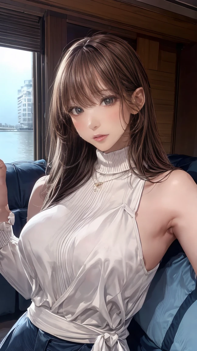 Movie Scenes,Best image quality,Surreal portrait,(8K),Ultra-realistic,最high quality,high quality,High resolution,high qualityの質感,Attention to detail,Beautiful details,Fine details,Highly detailed CG,Detailed Texture,Realistic facial expressions,Tabletop,before,dynamic,bold,1 Girl,(Ideal body proportions:1.5),Highly detailed skin,curve,,Beautiful breasts,Large Breasts,Pale skin,Pointed Chest,Erect nipples,(Thin Hair),(Soft Hair),(Super Straight Hair),Long, slicked bangs,Very light coppery amber hair,Hair on one eye,frog-sit on the floor,White camisole