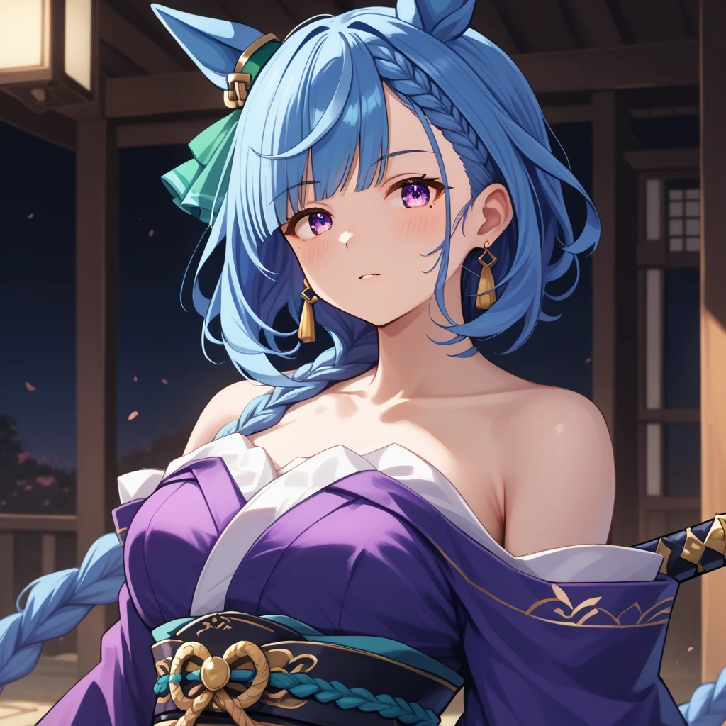 best quality, masterpiece, highres, solo, {yukata:1.40}, {kimono:1.20}, {medea_lily_fgo:1.15}, long_hair, pointy_ears, blue_eyes, ponytail, purple_hair, smile, breasts, blush, blue_hair, very_long_hair, collarbone, bangs, hair_ornament