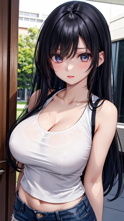 Teen Girls(​masterpiece:1.4)、(in 8K、realisitic、Raw photo、top-quality:1.4)、(Real Face:1.4)、(real looking skin:1.3)、超A high resolution、A hyper-realistic、Eyes in Beautiful Details、Black hair long hair、Neat and clean clothes、high detailing、(huge-breasted:1.5)、Blushing、a smile、gargantilha、have a bouquet