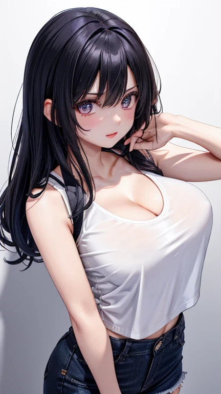 1girl,solo,retina,masterpiece, Awards, high quality, High resolution, HD, 4K,8K,high quality, rough skin,breast focus,depth of field,(line drawing:1.1),(large breasts:1.3),faint smile,oily skin,Relative to the girl,underside of breasts,(mochi shaped breasts:1.2),(closeup upperbody:1.5),white clothe,(perfect breasts from below:1.1),perspective,baby face,(short height,petite:1.3),camisole,,from directly in front