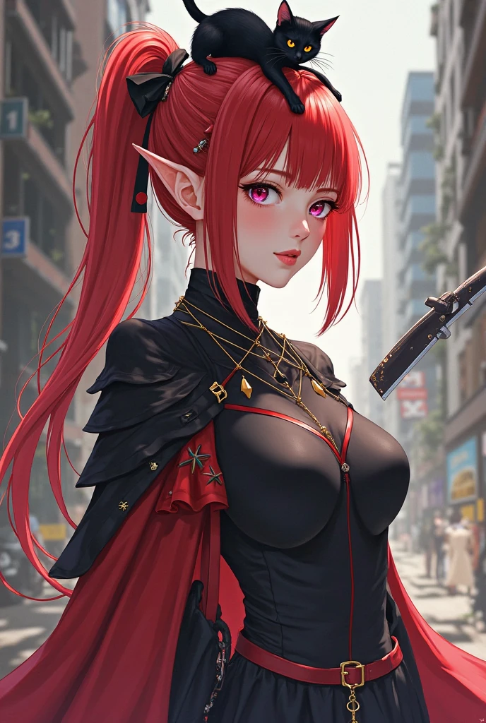 ultra realistic, masterpiece, fire sky, black moon, elf girl, solo, serious, gloomy face, fair skin, heterochromia, rich yellow eye, rich red eye, deep eye shaping, shine eyebrows, red mascara, lip gloss, narrow nose, red hair, horsetail hairstyle, glowing hair, sequined hair, black bandage, crystal shoulder pads, red scaly armor, black sleeves, fingerless gloves, yellow long dress, red stockings