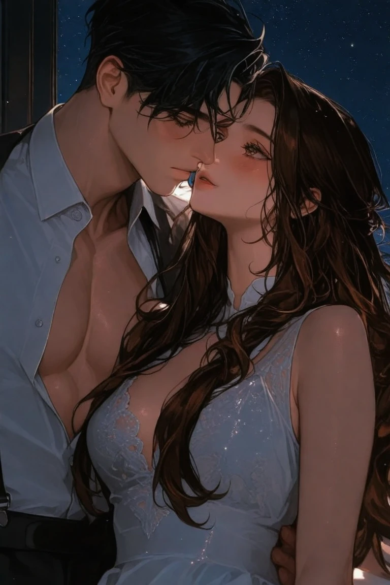 masterpiece, High Quality, super detailed, beautiful images, clear image, realistic, RAW photo, perfect face, perfect body, perfect lines, perfect eyes, soft lighting)  Illustration, Beautiful detailed eyes, close up, There is a ((woman and a man adult married)) on the bed, she is sitting on his lap. The woman has long and wavy brown hair, green eyes, freckles, has a feminine and curvy body, white skin ((big breasts)) and her body naked, and blushing face, a sweet expression. The man has a ((slender body, blue eyes,))(( a black hair)), ((white skin)), and is wearing a black underwear masculine. ((the husband are kissing lovingly his wife on the lips)) The man with his hands holding her waist, and the woman has her hands on his chest. NSFW. Couple hot kiss、romance、couple looking at each other、couple hugging each other
