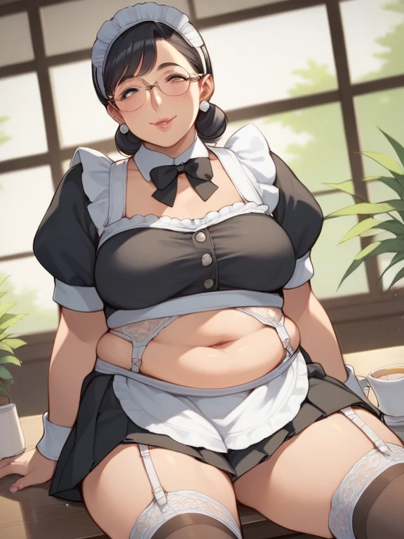 (masterpiece, best quality:1.4), illustration, 8k, hd, 1girl, solo, elegant_long_hair, white_hair, dress, white_thighhighs, no underwear, short_sleeves, frills, apron, brown_eyes, cleavage, metal_collar, anchor_choker, maid, white maid, ((big breast, glasses, smug, hand on glasses)), (restaurant, maid cafe) bloated belly