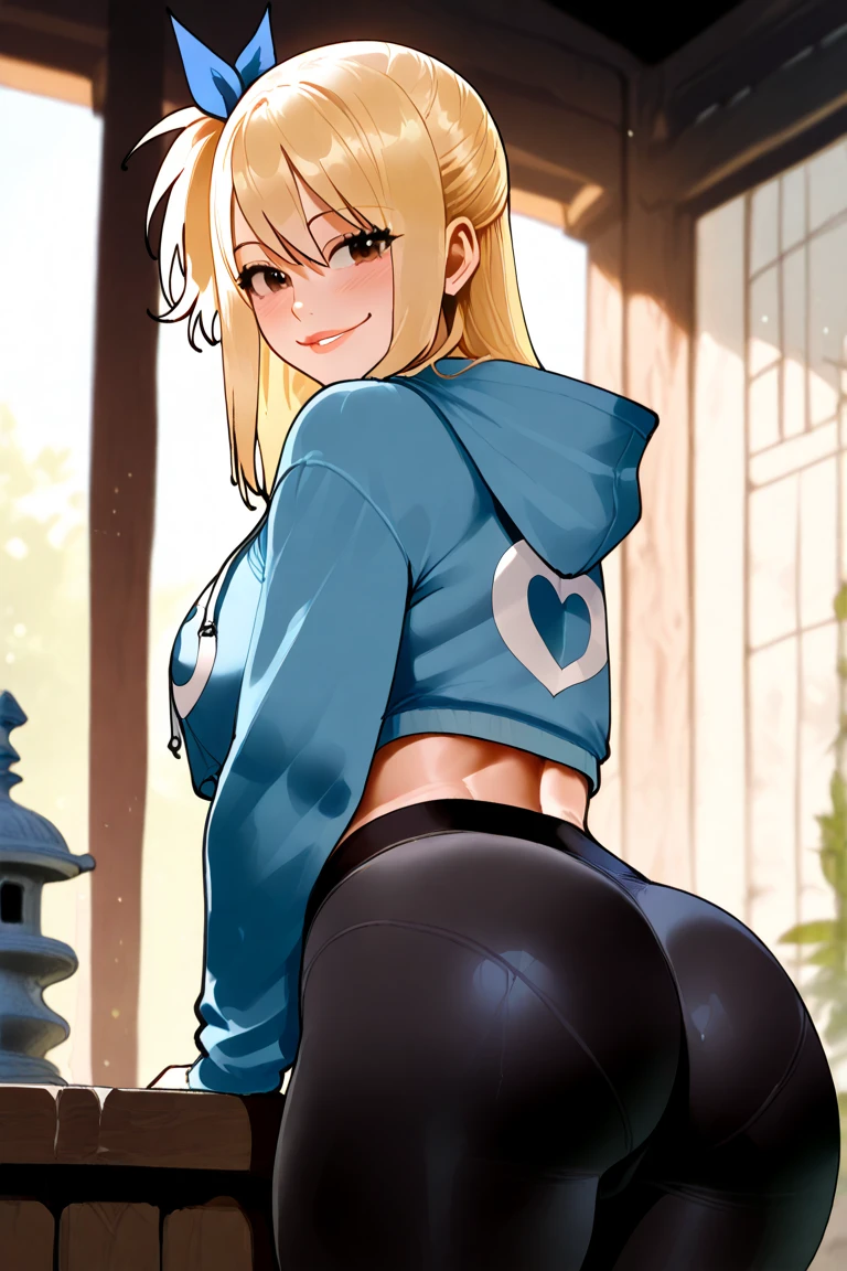 marie, blonde hair, twintails, hair ribbon, blue eyes,
cute smile,
(masterpiece, best quality),black yoga pants, cowboy shot,naked tits,,show ass