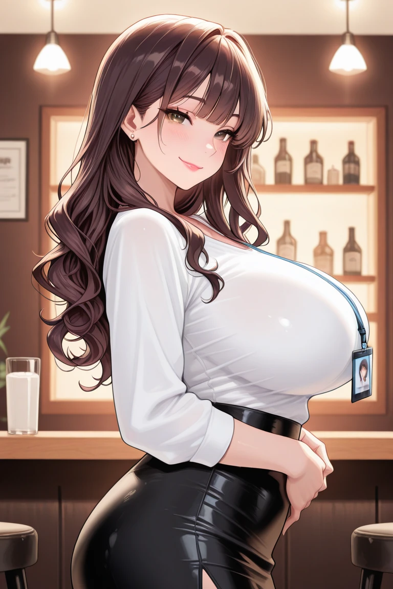 By bebebebebe, by lostgoose, by goonie-san, female, ((canine, snout, hair covering eyes, straight hair, medium hair, flat hair, ears, thin snout)), brown fur, big poofy tail, raised tail, dark maroon hair, ((muscular, big breasts)), solo, smiling, happy, open mouth, excited, talking, blue jacket, white shirt, cleavage, tight khaki pants, standing, view from below, facing viewer, looking down at viewer, cafe, face obscured by breasts