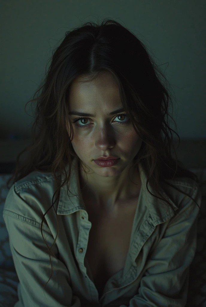 (best quality, masterpiece:1.2), high-resolution, detailed view, top-down perspective, long wavy hair, (wavy hair:0.8), upper-body shot, indoor setting, fantasy-modern-scifi theme, night scene, blue eyes, shy expression,bare