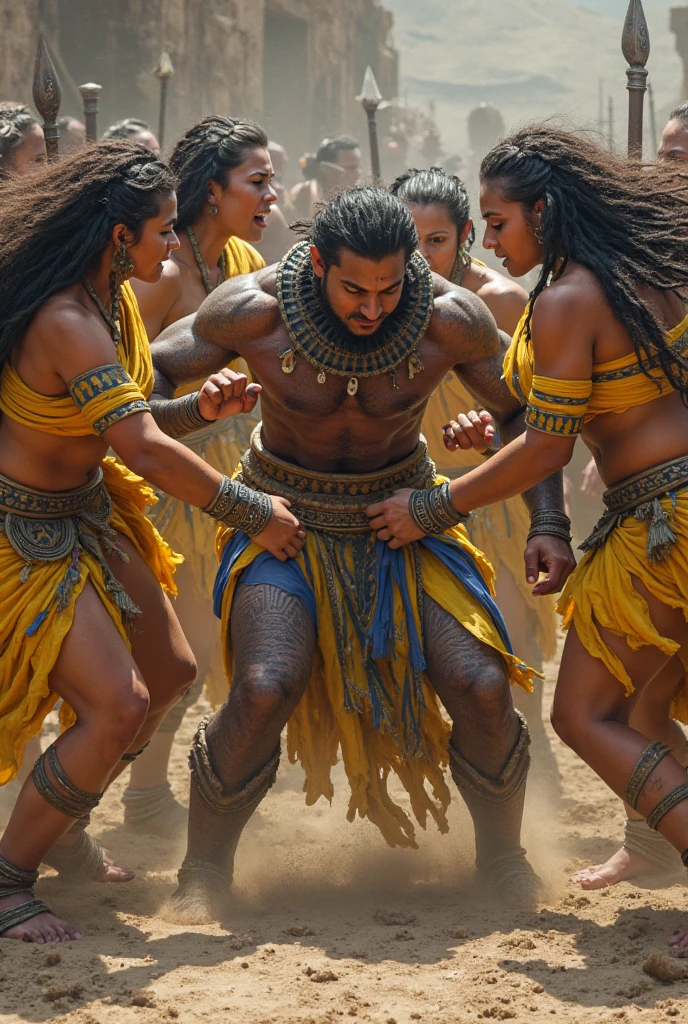 arafed man in a costume with a large headpiece and a large necklace, man is with black skin, in screenshot from the 300 movie, a barbarian, brown skin man egyptian prince, maximus jacobs, loin cloth, black skin!!!, fierce expression, massai warrior, warrior man