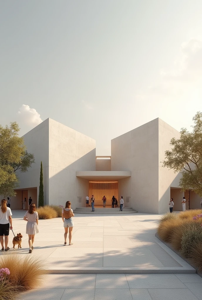 Create an architectural image of an equine therapy center with the characteristics of the works of the architect Carme Pinós inside and out and create the place with more abstract figures with horses and stables, that looks complete