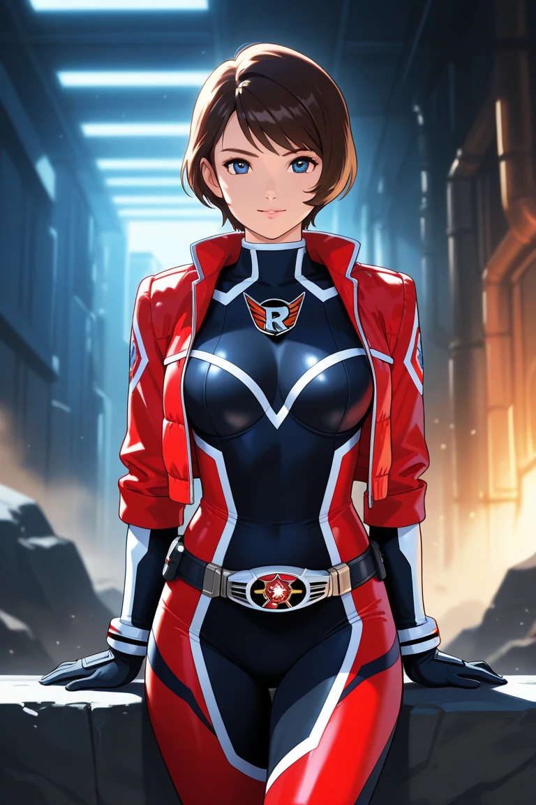 (1girl, solo, masterpiece, 4k,  best quality:1.2, (cowboy shot), best quality:1.2, NICE HANDS, COLORFUL, (perfect hands, perfect anatomy)), 
fujieda yoshino, brown hair, red uniform, red jacket, white belt, red shorts, 
((medium breasts, MEDIUM hips, looking at the viewer, tight clothes, )),
((simple background, white background)), 
 <lora:GoodHands-vanilla:0.7>
