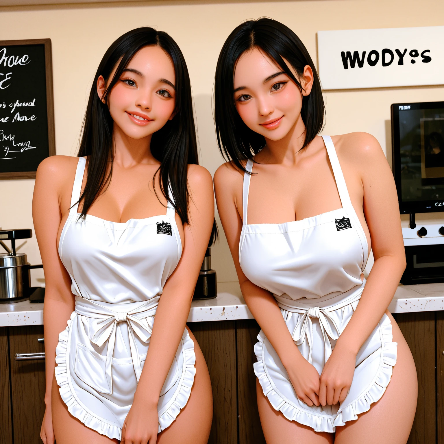 (Super Realistic), (Blonde Curly Hair), ((Busty Body)), ((Gigantic Boobs)), (Big Butt), (detailed description of hair), (detailed description of face), (detailed description of body), (white and translucent skin), peerless beauty, (extreme beauty), long legs, (no pant), (crop top jersey), (low cleavage), (sleeveless), beauty spot, (mature royal sister), (red lips), (touch tits), (shy), (seductive smile) , facing the audience, ((in the apron)), (clothes are soaked), show the full body, spread her legs