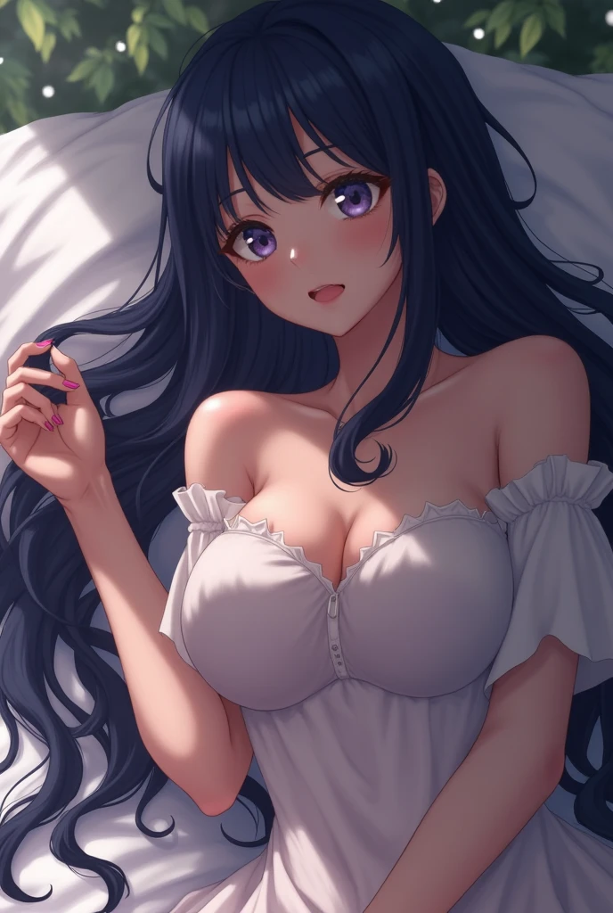 Twin-tailed black hair、Shy face、A smile、lying on the bed、Hands up、large full breasts、Big sister