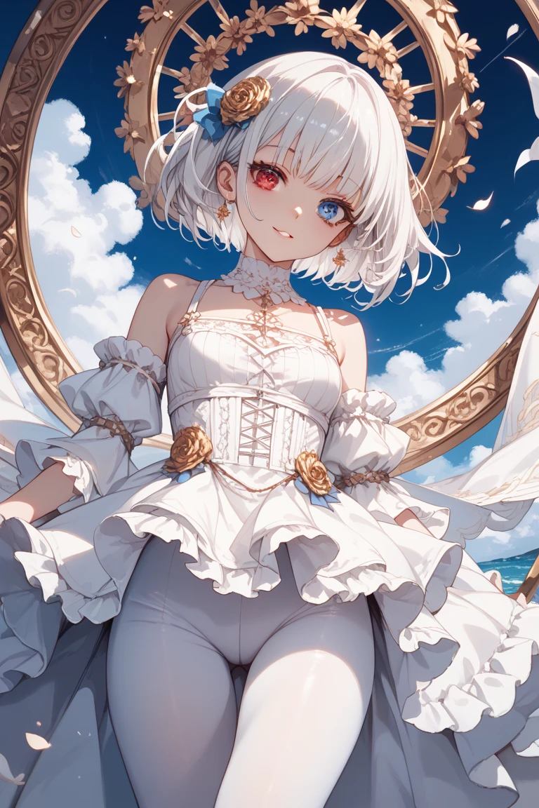 (masterpiece), (Best Quality: 1.0), (ultra high resolution: 1.0), (1 Little girl), (Best Quality, 4k, 8k, masterpiece: 1.2), 2.5D, , elf, fur rose, sky background white skin, by white, short hair, pointy ears, look at the viewer, seated
