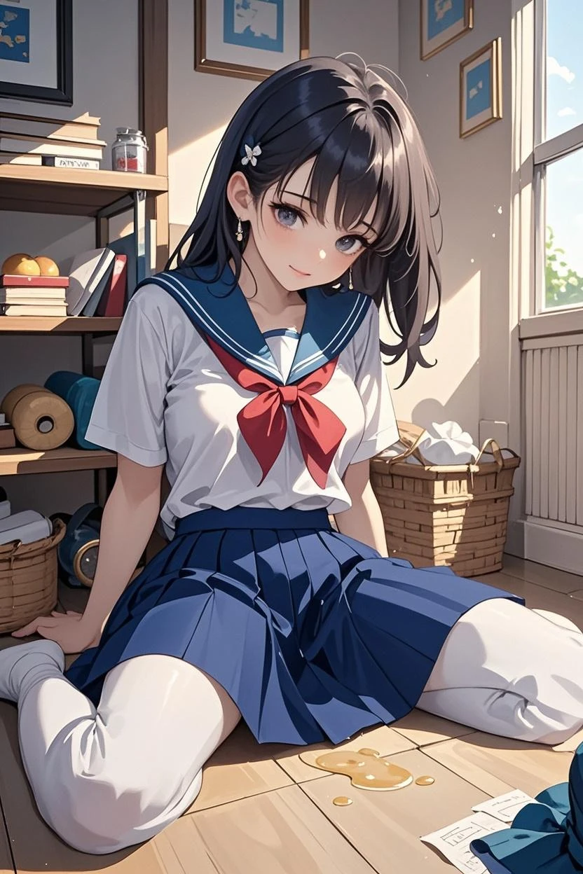 ((masterpiece、top-quality:1.5、a high chroma:1.5、ultra-detailliert、high-resolution illustrations:1.5、Ultra-high-definition CG、8k size wallpaper、offcial art))、(portrait,cowboy shot)、(1girl),Open mouth happy smile,cute face,
,(sitting,knees up:1.3),
,(sexy body),(sailor uniform,mini skirt),(long black hair), (medium breasts)、
(hair ribbon)、classroom,JK