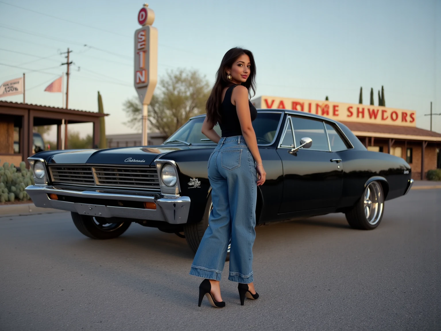 create an image demonstrating the style of ((Chicano Lowrider)) style, hyper realism, 8k high definition, vibrant colors, sharp focus, insanely detailed, enormous with a sexy beautiful super curvy medium tan women posing next to it with long black hair