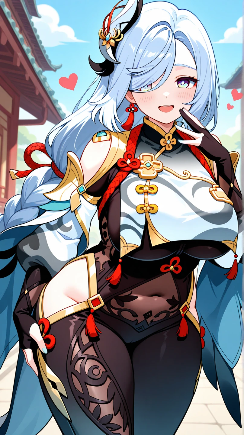 shenhe(Genshin Impact),Ocean park，6 anime character stickers with different expressions，Fleet collection style，Anime moe art style，girls frontline style，lovely art style，Miho art style，Official artwork，Chibi Art，Pisif，The style is Nendoroid，cute artwork，8K!,a variety of poses，The artistic stance of leather，Follow fashion trends,pale-blue，Comic cover style，Comic title，Slim figure，cropped shoulders，huge tit，White dress at the bottom，Mesh garment，Fleshy thighs，Below the waist are mesh stockings，Masterpiece，hyper-detailed face，Deep rendering
