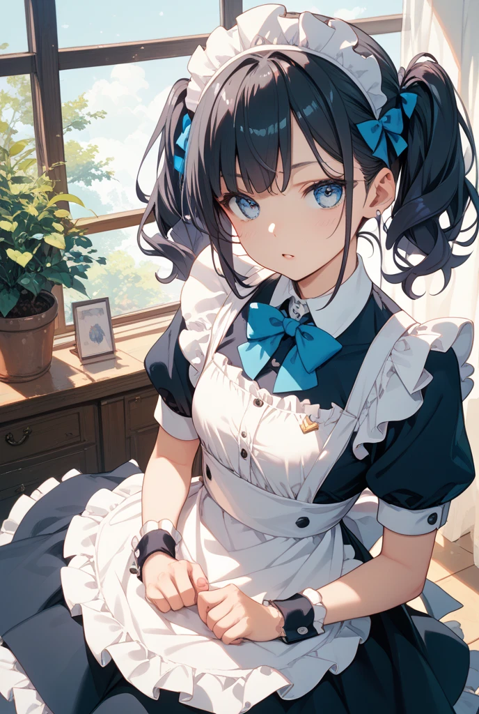 (short cute girl，small young student，young delicate girl）,（masterpiece，Top quality)，Light blue maid clothes，black hair twintails