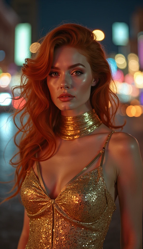 ultrarealistic, photography, long red hair, girl, 24 years old, hourglass figure, perfect body, Flirty look, medium natural breasts, blur background, at a casino, at the black jack table, playing cards, shiny tight gold dress, perfect hair, red lips