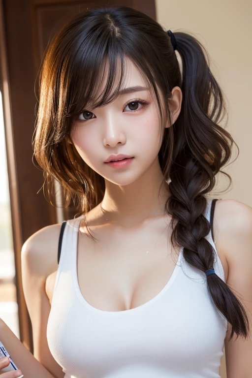 (Masterpiece, Professional lighting, 16k, 8k wallpaper, raw photo, photorealistic:1.4, ultra detailed, natural gentle lighting, detailed skin, detailed face, detailed eyes, textured skins), portrait of a stunningly beautiful 19 year old school girl, brown hair, low ponytail, tank top, panties, cleavage, busty, large breasts, looking at viewer, japanese idol,