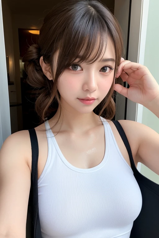 A tight black or grey sports bra, Tight black or grey underwear,, Cute Face, Beautiful Eyes, Beautiful Lips, Sweat, Beautiful Eyes, Beautiful eyelashes, Beautiful breasts, Fully exposed skin, Expose your shoulders, attractive, Beautiful Face, young teen
