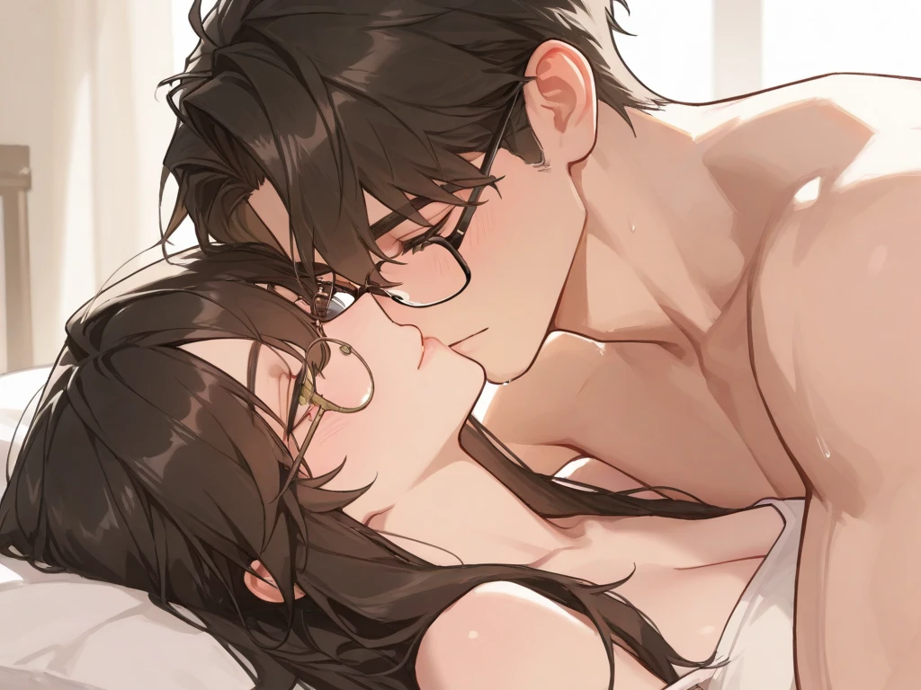 cheered up, Two people, a beautiful woman with long brown hair, without glasses and with a leash collar ((naked))., the other person is a male with short dark brown hair and black rimmed glasses and holding the leash in bed in his hand, They are boyfriend and girlfriend, in bed (( nudes, having sex, letting the viewer see how the boy&#39;s penis, enters the girl&#39;s vagina, showing sexual organs))),((Penetration)) ( man penetrating woman from behind).