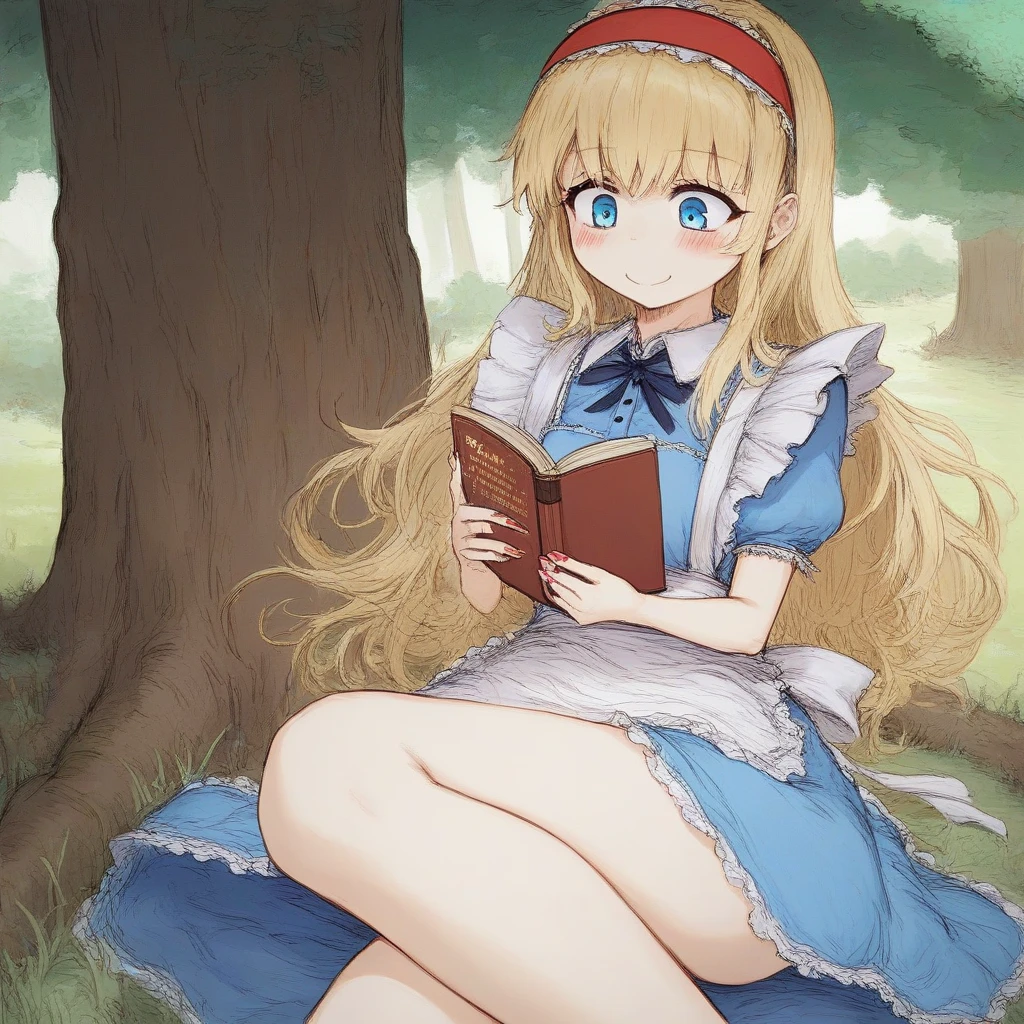 <lora:Shirogane-NAI-LyCORIS-768px:0.8>
Alice sitting in her garden reading a book, blue dress, frilled dress, white apron, Mary_Jane_shoes, long blonde hair, hairband, blue eyes