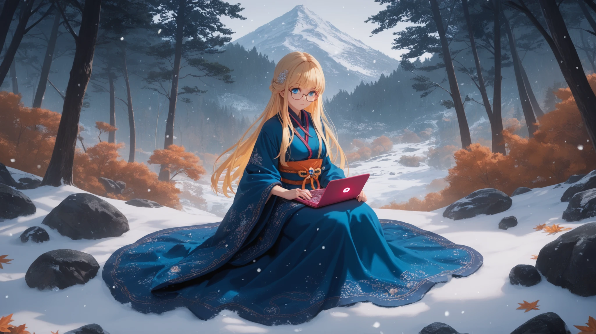 "masterpiece, best quality, 1girl, solo, long blonde hair, blue eyes, studant dress, in an mystical hotspring, sitting next, japanese, mountain view, web searching, using a laptop, glasses, mystical forest, ancient trees, snowing, pleaseant view, ethereal atmosphere, aesthetics, rocks ornaments, japanese lanterns, cinematic lighting, sfw,