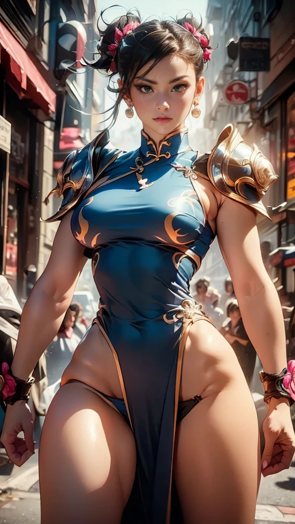 Create a hyper-realistic masterpiece of sexy Chun-Li, Goddess of beauty, she is adorable, has well-shaped lips. She is known for her classic and graceful beauty, defined body with sexy curves, sexy waist, slim leg, the iconic character from the sixth Street Fighter game. Capture your dynamic fighting stance and powerful kicks with exquisite detail. (sexy cheongsam clothes, erotic pink armor costume, pink micro panties, pink transparent micro panties showing pussy, pussy showing, big natural breasts, big breasts showing, chun-li hot erotica). The image should be in high definition (hard disk) and rendered in stunning 8K resolution, showing all the intricate features and textures. Pay attention to the fine details of Chun-Li's costume, including her traditional qipao dress and unique ox horn hairstyle. Use dramatic lighting to increase the intensity of the scene, enhancing its strength and determination. This photographic request aims to immortalize Chun-Li as a true work of art, showing her beauty, her toned, sensual body, Grace and prowess in the martial arts. Focus on character, Heroic image