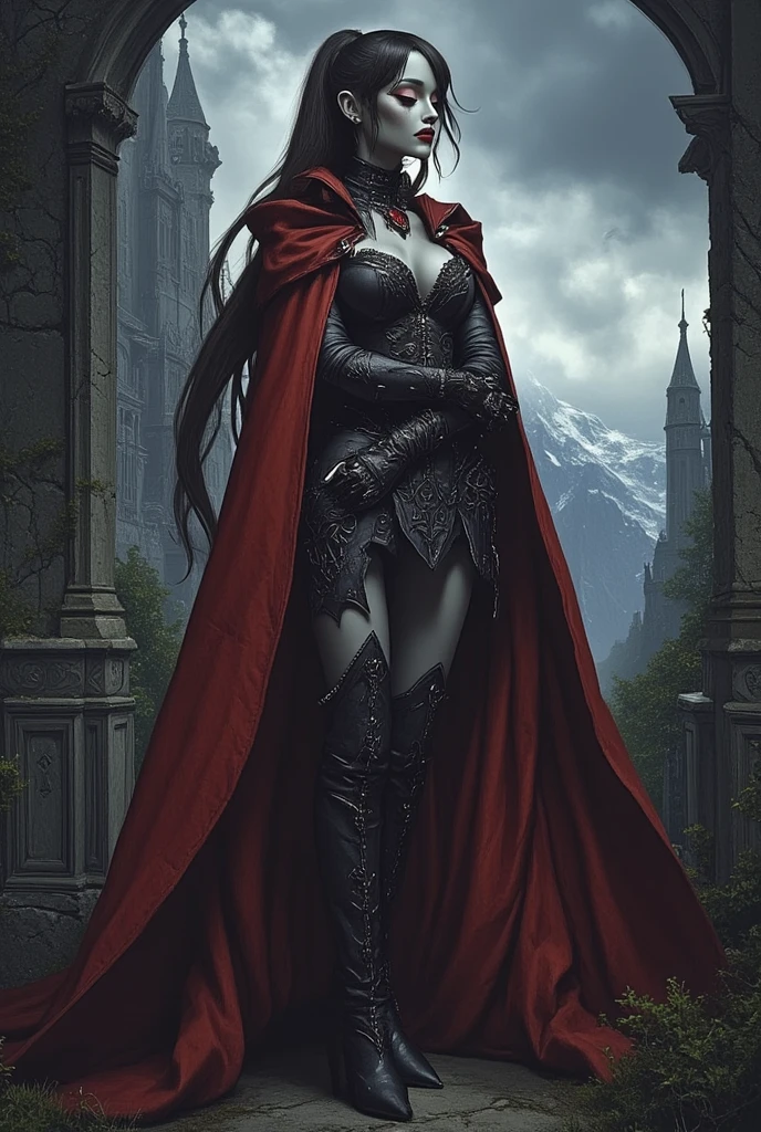 Me in a gothic setting of Castlevania, long brown and curly hair, elongated and well-defined face with features of a tall woman with Italian ancestry, wearing metallic red and black bikini, green eyes, wide hips, intricate details. The background is dark and Gothic, adding to the mysterious atmosphere. This art is on the rise at ArtStation, capturing the essence of the iconic Symphony of the Night game. The illustration is soft, with sharp focus, showing the beauty and fascination of me
