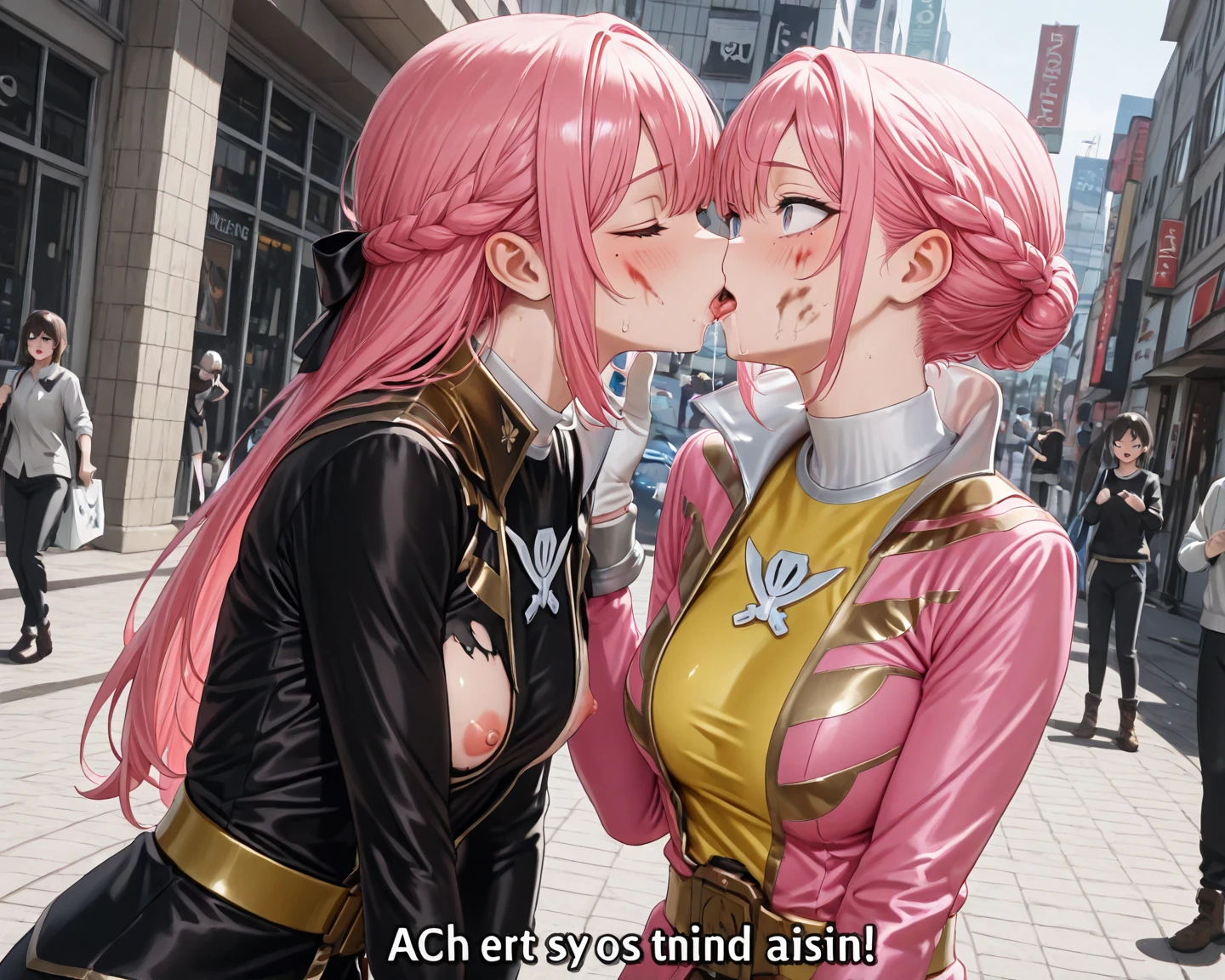 (8K,tmasterpiece:1.2),(Hyper-detailing,Raised sexy),(ssmile:1.1),(Two sexy women), Long hair, Beauty, Full body tights, Big, Close to skin, Blonde, Two beauties kissing, Brainwashed by a succubus, Forcibly kissing, Twitching all over the place, Ahehe-face, Deep kiss, Tongue insertion, Bee woman, Eyes are heart, Lesbian, Pink and blue, Bikumbikun, French kiss, Playing with tongue, White clothes, Squatting, Very fine lace underwear in pink color, Blonde hair、Long sleeves、long hair