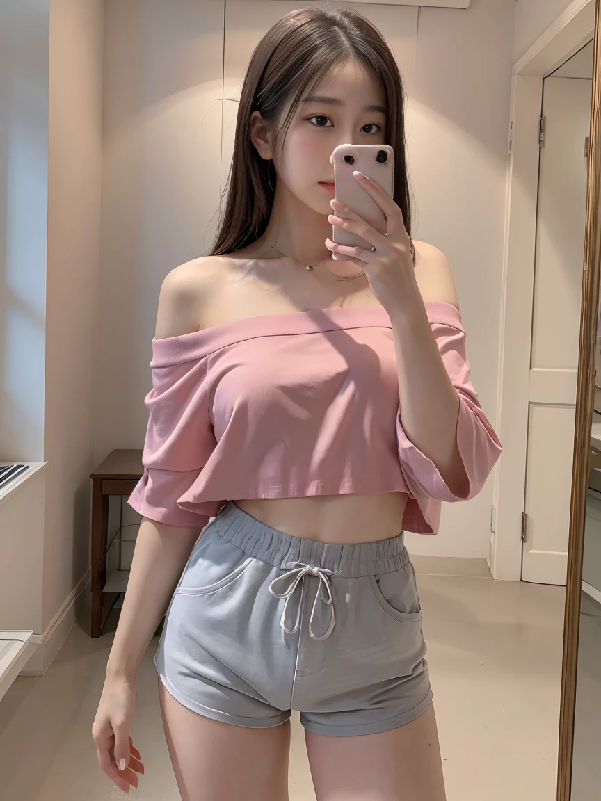 Cool beauty,short hair,Looks sweet,bob haistyle, (wearing pink oversize t-shirt, off-shoulders), show clavage, show big thigh, plump body, huge breast, full body photo, standing. Dark background.