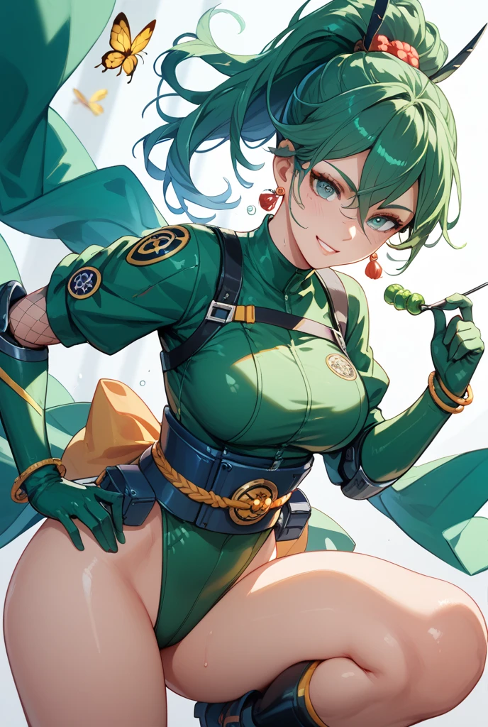 (Masterpiece), Best Quality, ultra-detailed, 1girl ( anosillus II, Slender and sexy body, Big and pretty breasts, naked body, dark green hair, brown eyes), a seductive face, smile, open mouth, solo, nose blush, blush, facing viewer, looking at viewer,  racing queen,  white leotard, long gloves,  white thighhighs,  big flag(black pattern), flag grab,  in the racing circuit, standing ,  Sexy waist teasing , from_below 