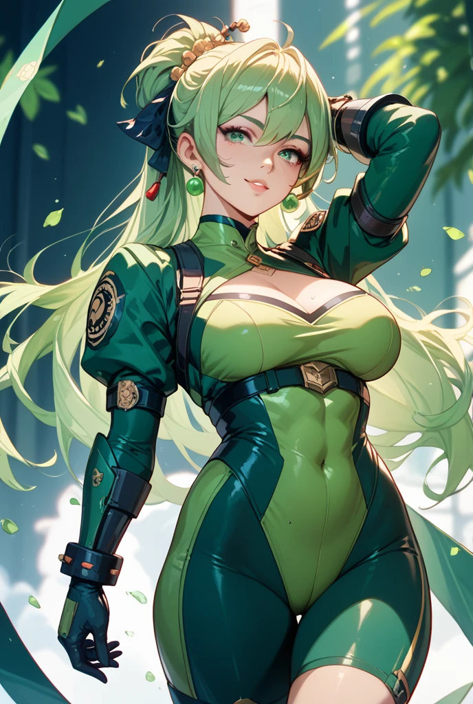 masterpiece, highest quality, High resolution, 1 girl, ticker, long hair, big breasts, race_Queen,green leotard, Jacket, embarrassing,closed mouth, field,