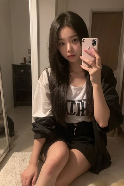 araffe girl with long black hair sitting on the floor taking a selfie, cruel korean goth girl, Ulzzang, coreana, com preto pigtails, linda jovem coreana, usando saia e meias altas, cute face with arms and legs, Asian, Asian with long hair, linda mulher sul-coreana, imagem de perfil, com preto, Anime garota tailandesa