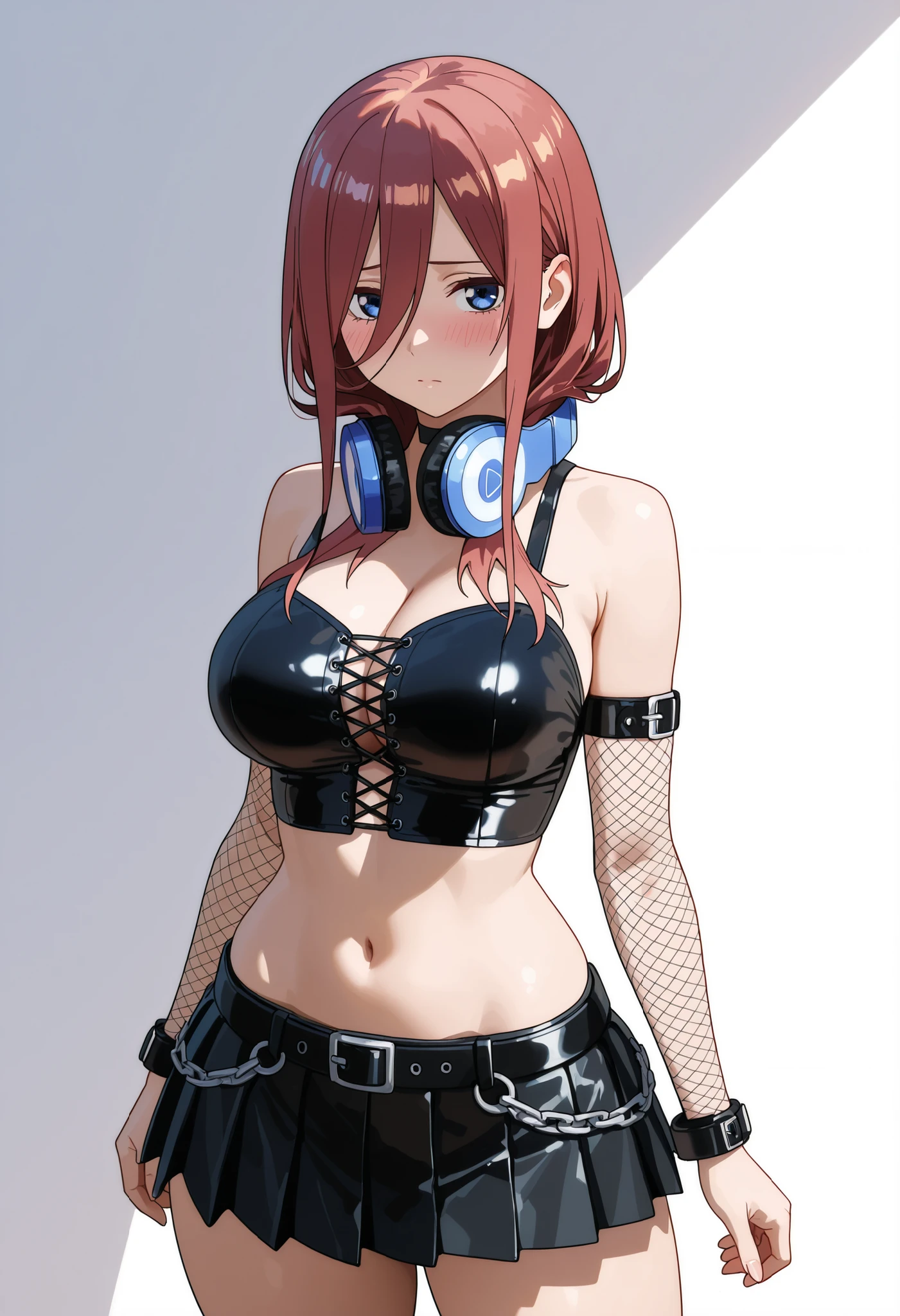 masterpiece、top-quality、Makima \(chain saw man\)、ultra-detailliert、1 woman、独奏、is standing、redhair、Long braided hair、Golden Eyes、bangss、mideum breasts、White underwear、Gaze、A smile、(Move ki:1.2 )、Look at viewers、(interview:1.3)、(dark backgrounds、chain:1.3)、large full breasts、Covered、Open your legs、Panchira