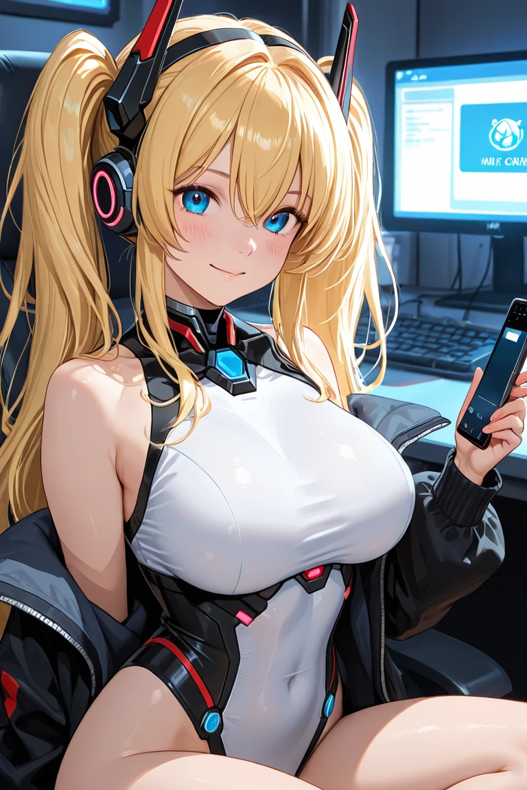 Busty anime girl sitting at a desk in front of a laptop, Enchanting anime girl, Digital anime illustration, Cyber , (((tits))), (SFW) Safe at Work, Smooth anime CG art