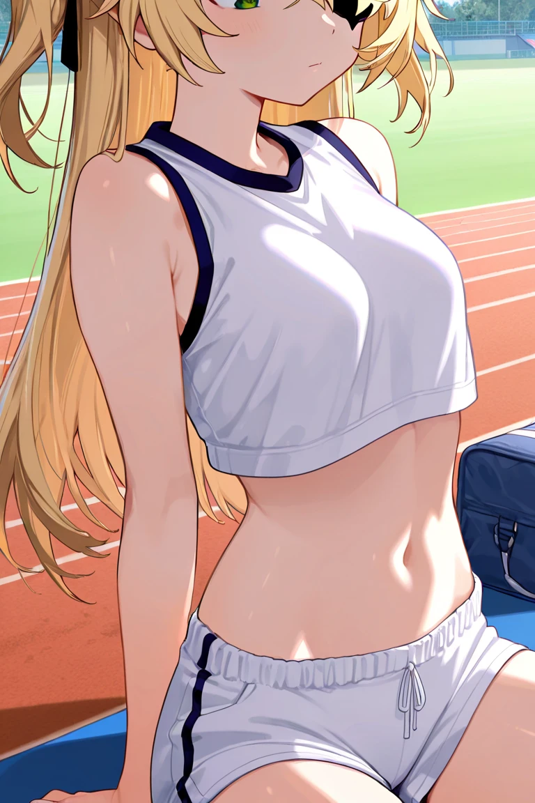 ((ultra detailed, masterpiece, absurdres)) Workout gym background, Body facing viewer,SplitScreen, split screen, DOAHelena, 1girl, long hair, blonde hair, in training wears, navel (choker, blue choker), (Sport shirt, White shirt, Blue outline on shirt, the shirt is tied, Sleeveless), watch on the wrist, (Sport shorts, Blue Shorts), Angry faces, clenched teeth,
